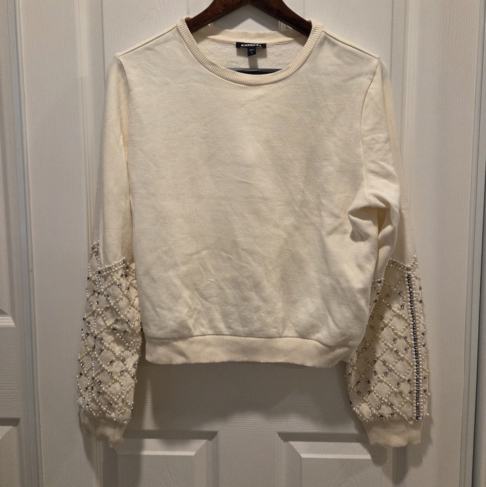 Express Cream Sweater with Beaded Pearl Sleeves